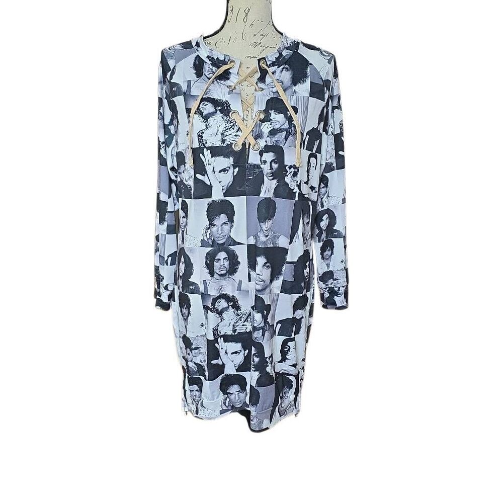 Women's Size XL White Black Prince Print Lace Up Long Sleeve Dress